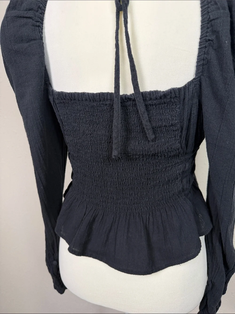 Free People Black Smocked Peplum Top Long Sleeve Cotton Gauze Boho Blouse XS-S